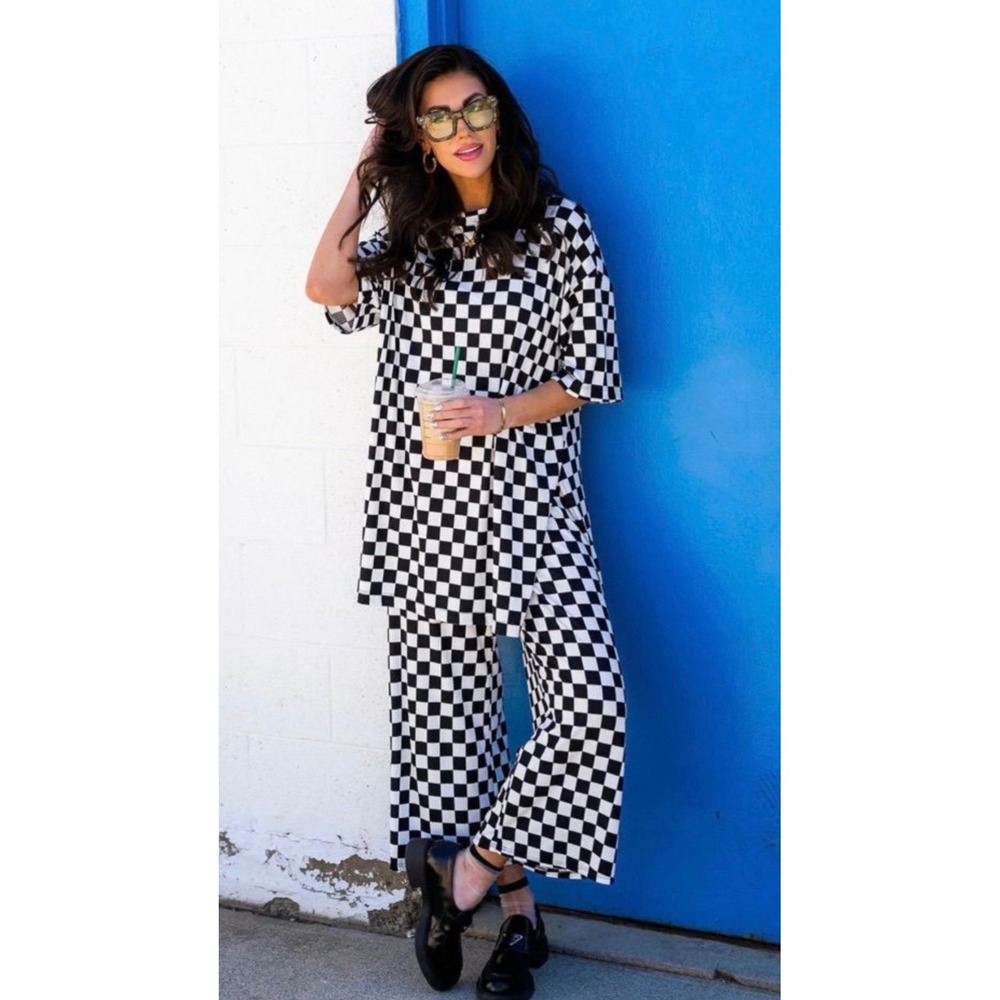 Dressed In LaLa Ribbed Checkerboard Black White Oversized Short Sleeve Top Only